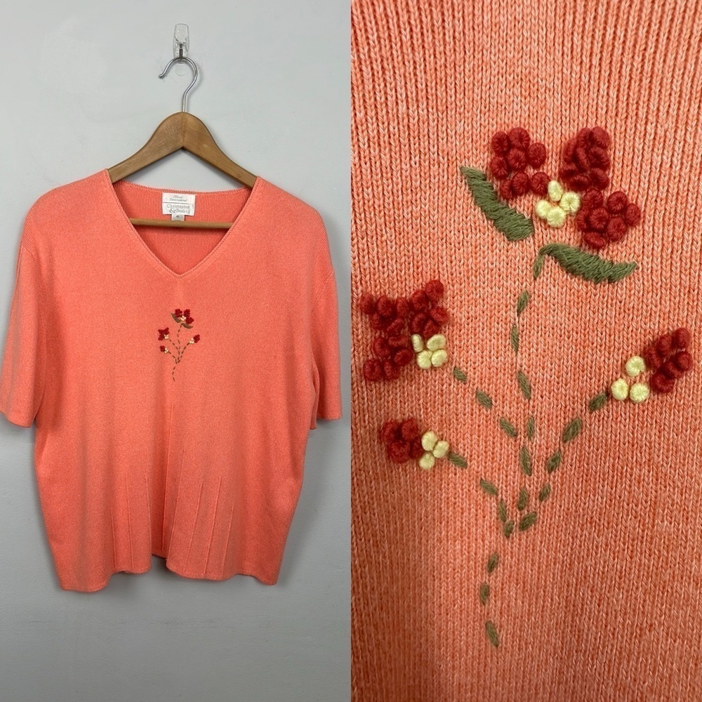 Christopher & Banks Hand Embroidered Short Sleeve Sweater Top Sz XL